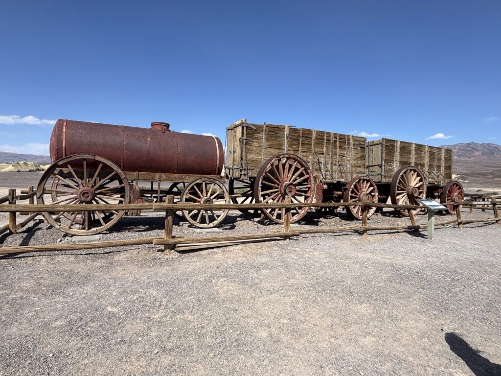 Ruins of Harmony Borax Works with 20 Mule Team wagon in Death Valley