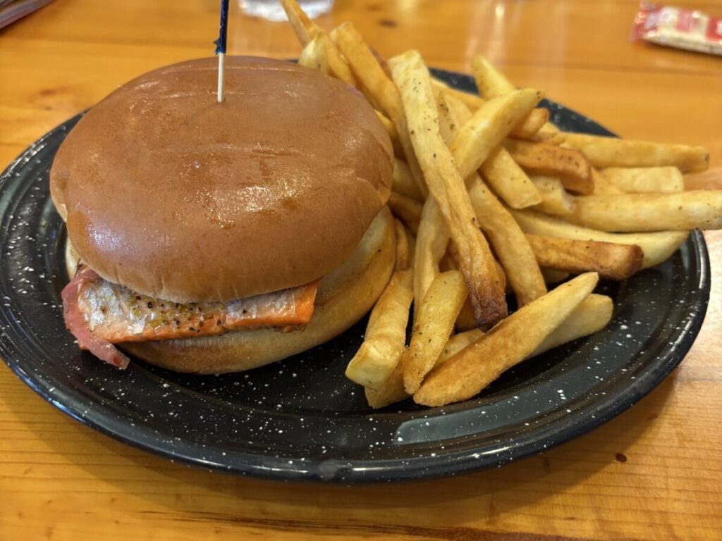 フライドポテトを添えたサーモンバーガー。