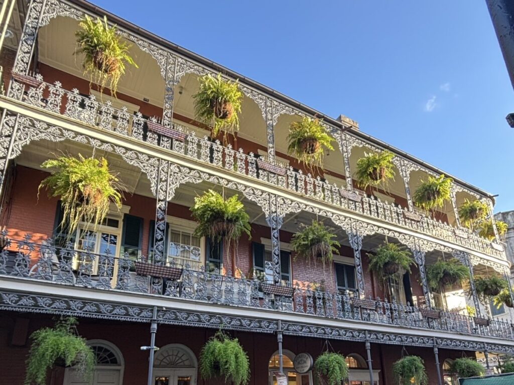 フレンチクォーターの建物に飾られた緑のハンギングプランツと装飾的なバルコニー。