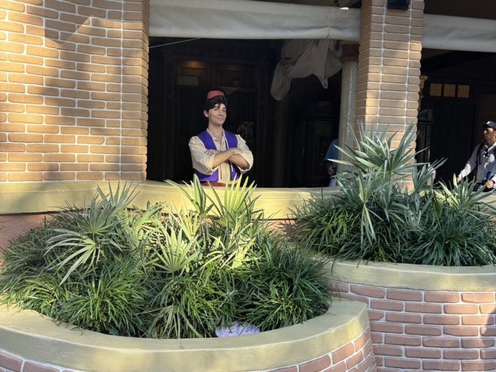 マジックキングダムのアドベンチャーランドでアラジンと写真撮影ができるキャラクターグリーティングの様子