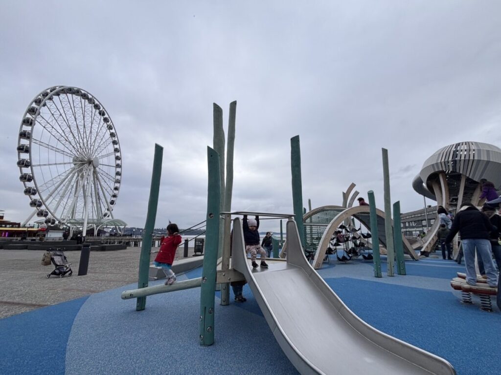 観覧車と遊具で遊ぶ子ども