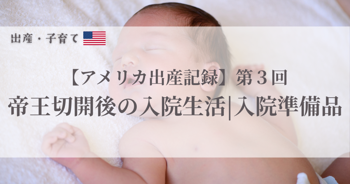 眠る新生児の写真に「アメリカ出産記録 第3回 帝王切開後の入院生活・入院準備品」と書かれたサムネイル